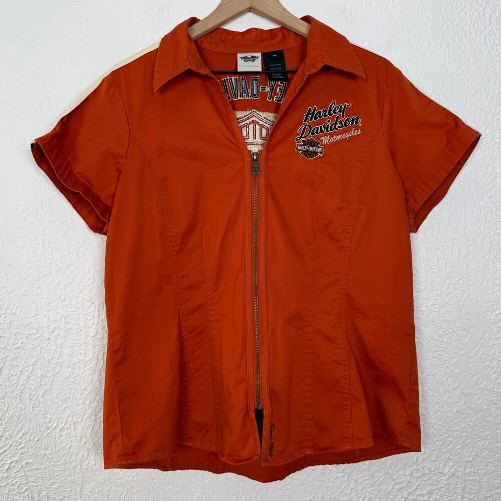 Harley Davidson Women's Orange Full Zip Embroidered Front Short Sleeve Shirt XL